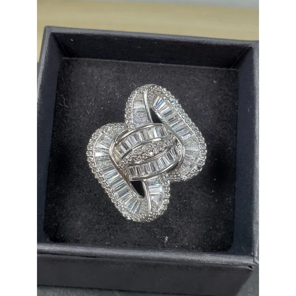 Unique Bow Infinity Baguette Cut CZ 925 Silver Cluster Cocktail Ring Size 9.25